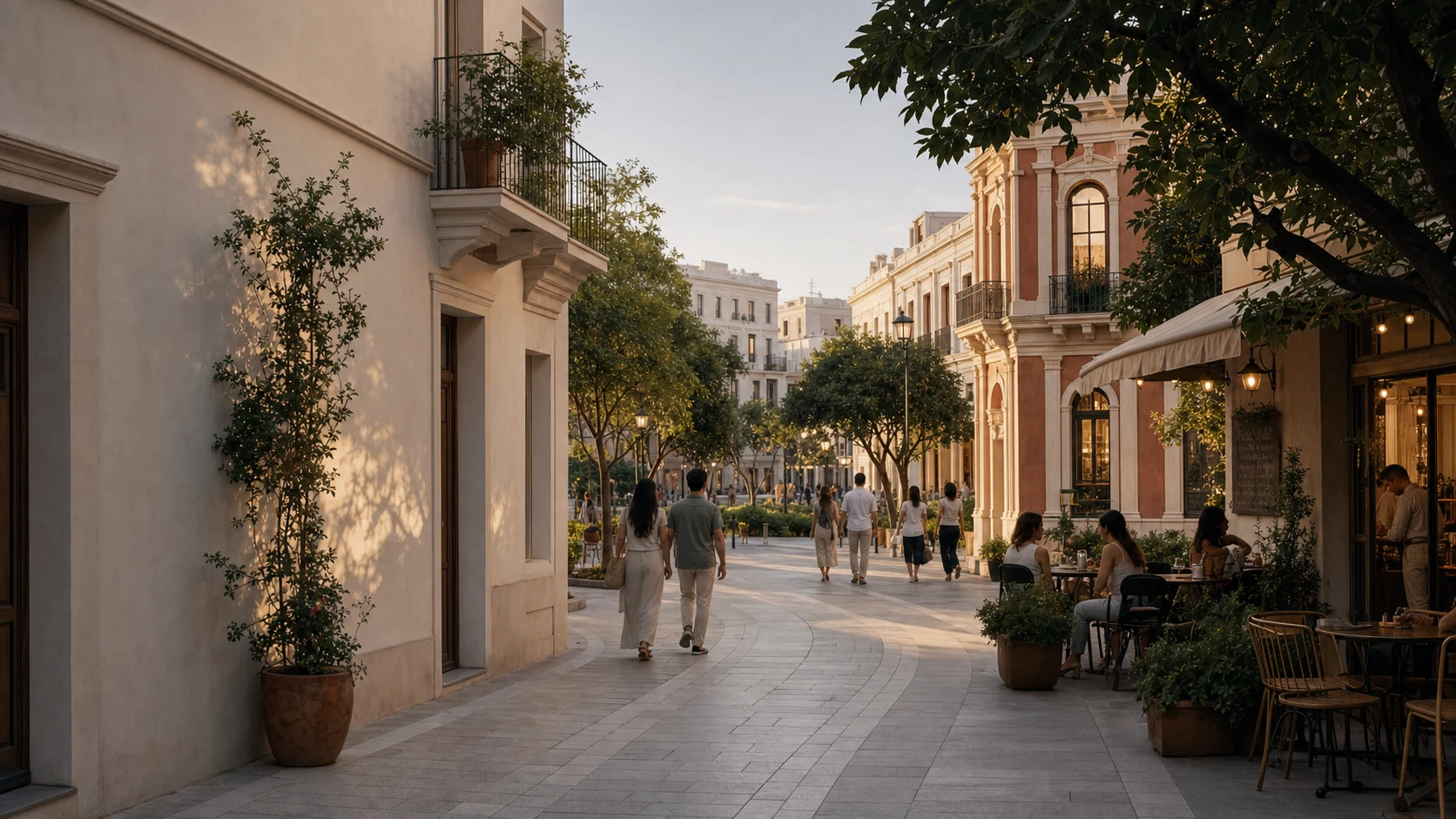 Una calle peatonal al atardecer, donde el plan da paso al lugar real.